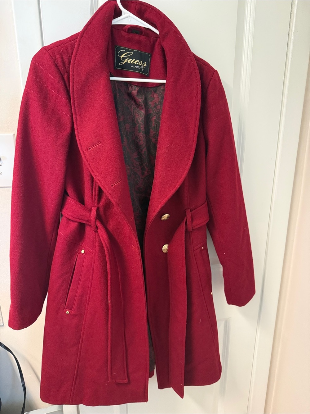Guess Women's Red Belted Trench Coat with Gold Buttons